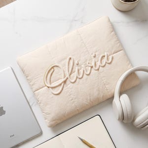 Chenille name laptop bag, custom quilted laptop cover, personalized laptop bag, a great gift for your roommate/colleague