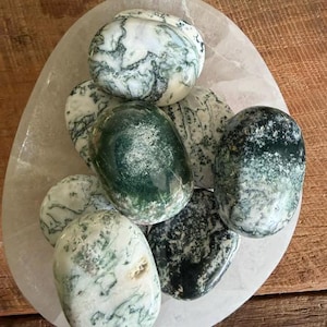 May include: A collection of smooth, polished moss agate stones with white and deep green dendritic patterns, resting on a large, translucent, oval-shaped selenite charging plate with a flat surface and rounded edges.