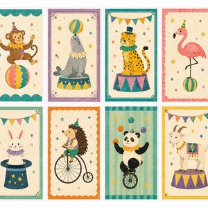 Circus Animal Printable Stickers | Colorful Retro A5 Journaling Collage Cards for Kids & Crafts