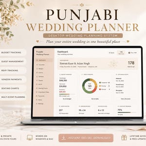 May include: A laptop displaying a Punjabi Wedding Planner dashboard with budget tracking, guest management, RSVP tracking, vendor payments, seating charts, and multi-event planning features. The screen shows the text Simran Kaur & Arjun Singh.