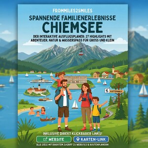Könnte beinhalten: Eine farbenfrohe Illustration, die Familienaktivitäten am Chiemsee bewirbt, mit einer vierköpfigen Familie in der Nähe eines Sees mit Booten und Inseln. Der Text enthält "Chiemsee" und "Interaktiver Planer".