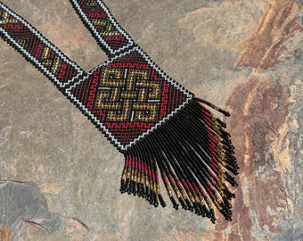 Tibetan Endless Knot Design on a Huichol Beaded Necklace