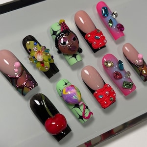 Y2K Birthday Press On Nails Cute Baddie Fake Nails 3D Birthday Girl Balloon Red Cake Cherry French Tip Lime Green Pink Rhinestone Nails