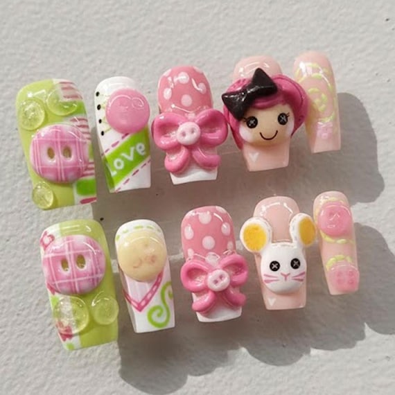 Kawaii Lalaloopsy Press On Nails Cute 3D Doll Fake Nails Lalaloopsy Mouse Press Ons Pink Polka Dot Bow Plaid Lime Green Love Button Nails