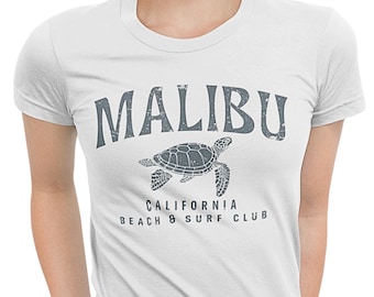Vintage Malibu California Beach T-Shirt, Retro Sea Turtle Summer Beach Shirt, Coastal Surf Vacation Tee
