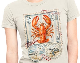 Vintage Coastal Postage Stamp T-Shirt, Retro Coastal Animals Graphic Tee, Nautical Beach Vacation Shirt