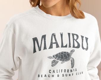 Vintage Malibu California Beach Sweatshirt, Retro Sea Turtle Summer Beach Crewneck, Coastal Surf Vacation Sweatshirt