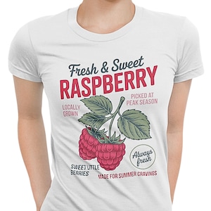 Retro T-shirt framboos, vintage T-shirt met fruitprint, shirt fris en zoet framboos, T-shirt zomerbessen, shirt cottagecore-fruit afbeelding 1
