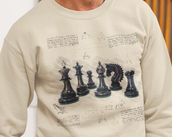 Chess Graphic Sweatshirt, Vintage Retro Chess Sketch Pullover, Minimalist Board Game Sweatshirt for Men & Women