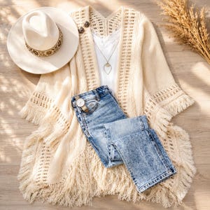 May include: A cream-colored open-front knit cardigan with fringe trim, a white camisole, blue acid-wash jeans, a cream fedora with a patterned band, a silver-tone pendant necklace, and a wristwatch with a light-colored leather strap.