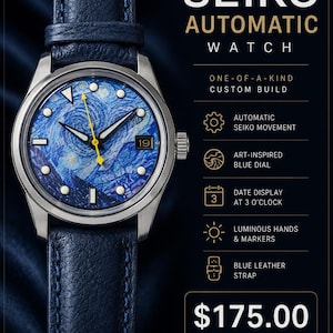 Peut inclure: Montre automatique Seiko personnalis&eacute;e avec un cadran bleu inspir&eacute; de l'art et un bracelet en cuir bleu. Elle poss&egrave;de des aiguilles lumineuses et un affichage de la date. Mouvement automatique Seiko.