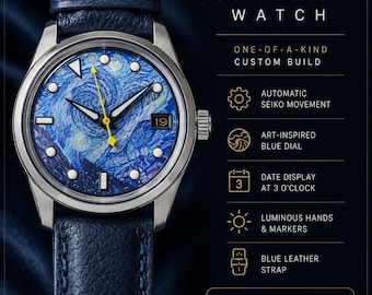 Specialdesignad Seiko automatisk klocka, urtavla inspirerad av Van Gogh-stjärnnatten