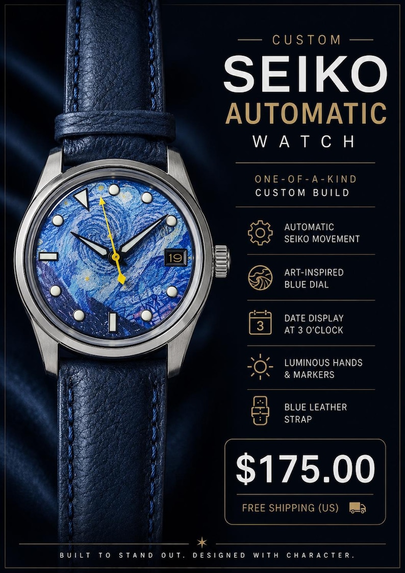 Peut inclure: Montre automatique Seiko personnalis&eacute;e avec un cadran bleu inspir&eacute; de l'art et un bracelet en cuir bleu. Elle poss&egrave;de des aiguilles lumineuses et un affichage de la date. Mouvement automatique Seiko.