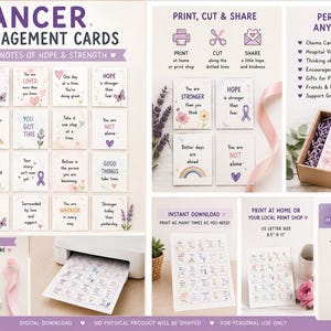 May include: Digital download of Cancer Encouragement Cards with 20 positive notes of hope and strength. The cards feature floral and watercolor designs with uplifting messages. Perfect for chemo care packages and hospital visits.