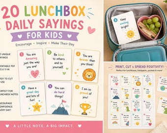 20 Lunchbox Sprüche für Kinder | Druckbare Lunchbox Notizen | Positive Affirmationskarten für Kinder | Niedliches Schulessen Notizen | Sofort