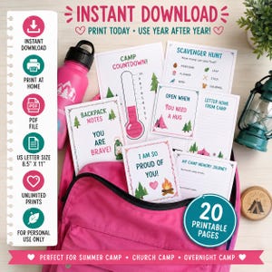 May include: A set of 20 printable camp-themed cards and activity sheets featuring text like Camp Countdown, Scavenger Hunt, Backpack Notes, and My Camp Memory Journey. The items are displayed with a pink backpack, a pink water bottle, and a lantern.