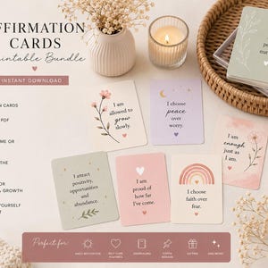 May include: A collection of 20 affirmation cards with various inspirational messages, including "I am allowed to grow slowly" and "I choose peace over worry." The cards are in a printable bundle, with a soft, neutral color palette and floral accents.