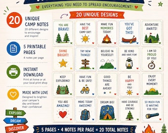 Messaggi per il campo estivo per bambini / Biglietti di incoraggiamento stampabili (download immediato in PDF)