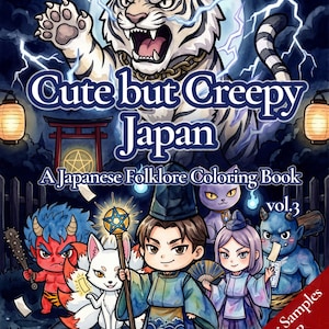May include: A coloring book titled Cute but Creepy Japan A Japanese Folklore Coloring Book vol.3 Onmyoji & Shikigami featuring a white tiger, a central figure holding a star staff, and various mythical creatures under a full moon and lightning.