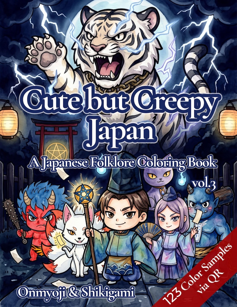 May include: A coloring book titled Cute but Creepy Japan A Japanese Folklore Coloring Book vol.3 Onmyoji & Shikigami featuring a white tiger, a central figure holding a star staff, and various mythical creatures under a full moon and lightning.