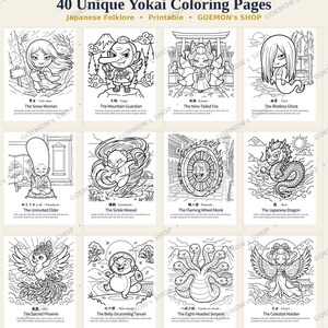 Peut inclure: Une collection de 40 pages de coloriage Yokai uniques pr&eacute;sentant des illustrations au trait noir et blanc de cr&eacute;atures du folklore japonais, dont la femme des neiges, le renard &agrave; neuf queues, le dragon japonais et le serpent &agrave; huit t&ecirc;tes.