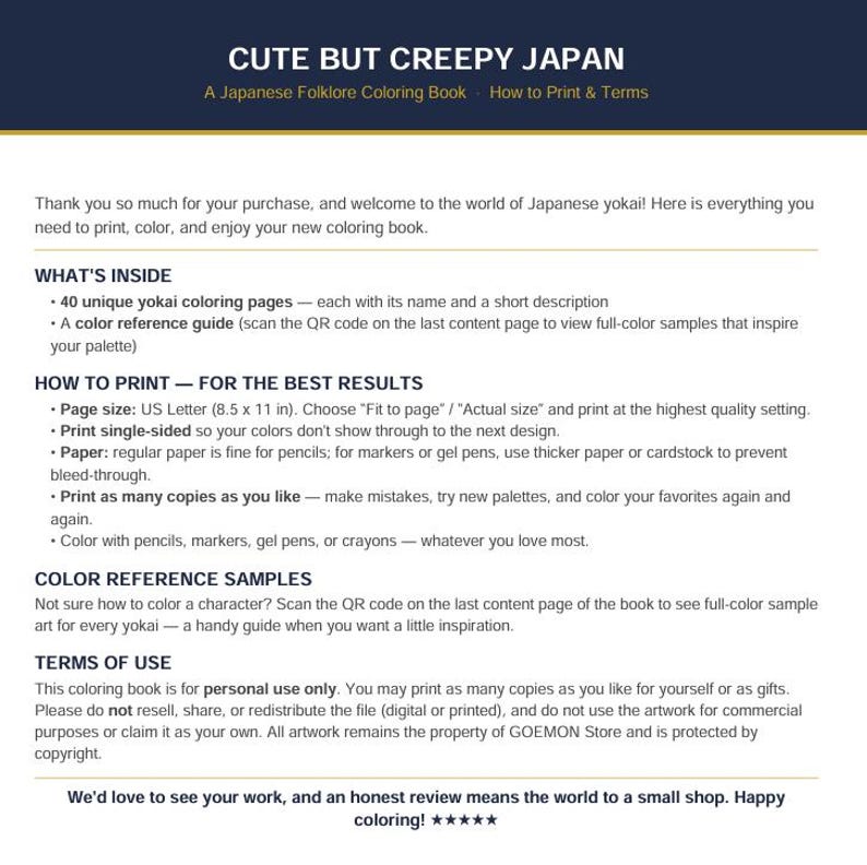 Peut inclure: Un document num&eacute;rique intitul&eacute; CUTE BUT CREEPY JAPAN A Japanese Folklore Coloring Book. Il contient des instructions d'impression, y compris le format de page US Letter 8,5 x 11 pouces, 40 pages de coloriage yokai et les conditions d'utilisation.