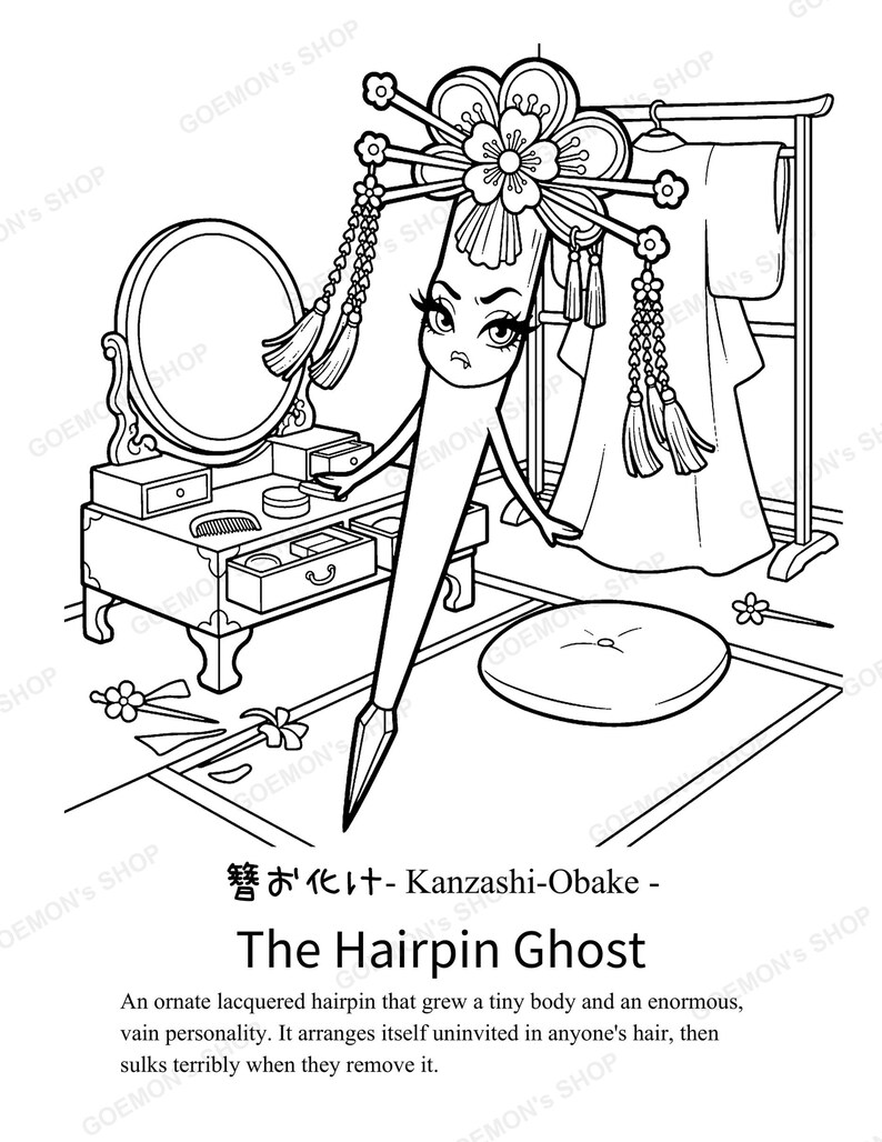 May include: A black and white line art illustration of a Kanzashi-Obake, a personified hairpin with a face, standing in a room with a vanity, mirror, and clothing rack. The text reads: 簪お化け - Kanzashi-Obake - The Hairpin Ghost. An ornate lacquered hairpin that grew a tiny body and an enormous, vain personality. It arranges itself uninvited in anyone's hair, then sulks terribly when they remove it.