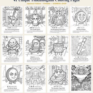 May include: A digital collection of 41 unique Tsukumogami coloring pages featuring Japanese folklore characters. Each page displays a black and white line art illustration of a spirit, including a shamisen, candle, drum, and sandal, with descriptive text.