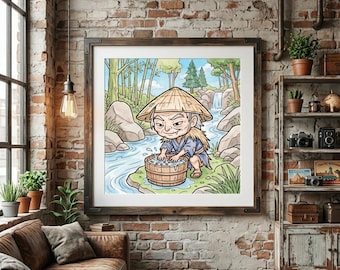 Azukiarai, Yokai japonais à imprimer, rondelle de haricots mignonne et effrayante, 4 styles artistiques, 3 tailles, téléchargement numérique kawaii