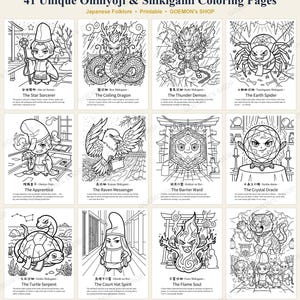 May include: A digital collection of 41 unique Onmyoji and Shikigami coloring pages featuring black and white line art illustrations of Japanese folklore characters, including a dragon, spider, raven, and various spirits with descriptive text.