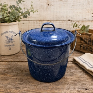 Cinsa Saltillo Mexico Blue Enamelware Speckled Pot with Lid Vintage 5.5 Inch