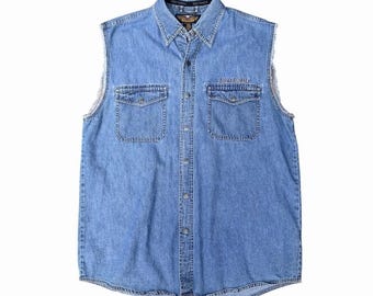Harley-Davidson Demim Shirt Vest Mens L Blue Sleeveless Snap Front Logo Patch