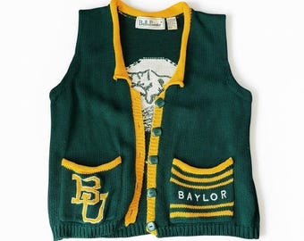 Vintage BellePointe Baylor University Bears Sweater Vest Mens M Green Gold Trim