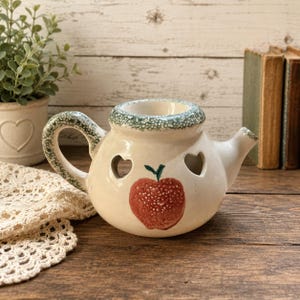 Vintage Teapot Wax Warmer Ceramic Apple Heart Cutouts Spongeware Green Cream