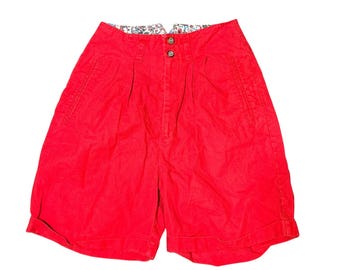 Vtg JJ Fargo Red High Waisted Pleated Shorts Ramie Cotton Floral Waistband 7/8
