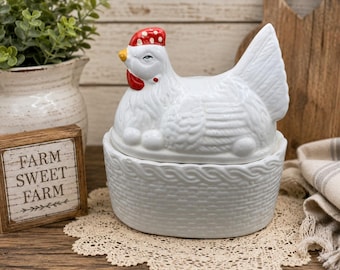Vintage Gailstyn-Sutton keramische schaal met deksel, kip op nest, witte landelijke decoratie
