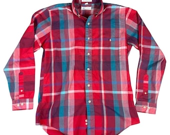 Vintage Christian Dior-shirt heren M rood blauw geruite knoopsluiting lange mouw