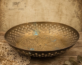 Vintage Etched Brass Bowl Pierced Lattice Floral Mandala Decorative Dish Patina