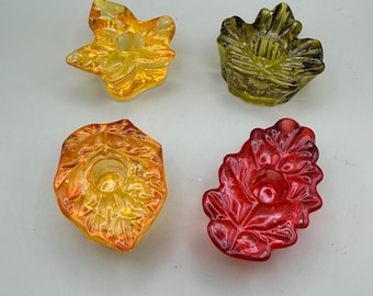 Vintage Colorful Glass Leaf Candle Holder Set Red Orange Yellow Green 4pc