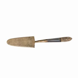 May include: A cake server with a flat, metallic, spade-shaped blade and a handle featuring a dark, smooth central section flanked by metallic ends, with the end of the handle displaying an embossed, detailed design of a feline face.