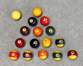 Vintage Pool Ball Set 1-15 + Cue Ball 16 Balls Classic Solids & Stripes