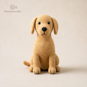 May include: A tan crocheted dog figurine with black plastic eyes and a black stitched nose. The toy is sitting in an upright position with floppy ears and a small tail. The text Plansforcrafts is visible in the upper left corner of the image.