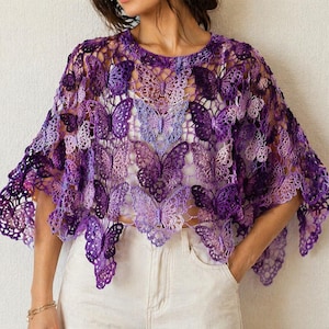 Patrón de poncho de ganchillo con mariposas en PDF / Patrón de top deportivo/cárdigan de ganchillo con encaje. Únete a medida que tejes. Poncho con motivos apto para principiantes.