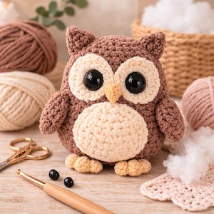 Puede incluir: Una figura de búho tejida a ganchillo en color marrón y crema con grandes ojos negros de plástico y un pequeño pico amarillo. El búho tiene un cuerpo redondo, puntadas de hilo texturizadas y pies pequeños. Está hecho de hilo suave y relleno.