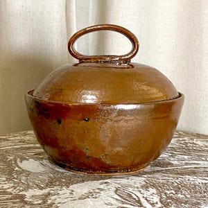 Vintage Studio Pottery Covered Bowl, Iron Luster Glaze, Loop Handle Lid, Signed