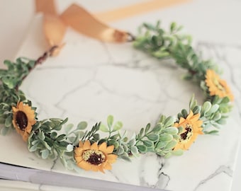Sunflower Greenery Crown/Halo Boho Headband for Babies-Adult, Rustic Yellow Halo Flower Girl, Bride, Bridesmaid, Mom Daughter Twinning
