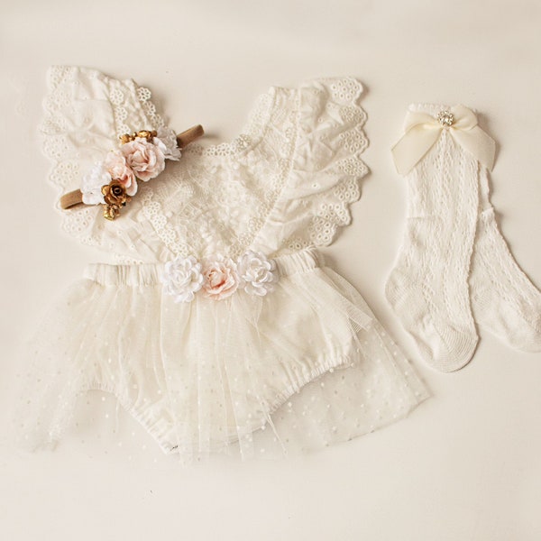 First birthday Outfit Girl, Off white Lace Baby Girl Romper Socks, Christening/Baptism, Cake Smash Outfit