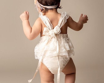 First birthday Outfit Girl, Baby Romper, Champagne Boho Girl Romper, Rustic Baby Romper, Cake Smash Outfit