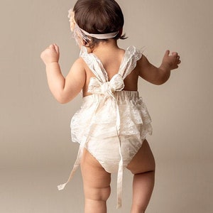 First birthday Outfit Girl, Baby Romper, Champagne Boho Girl Romper, Rustic Baby Romper, Cake Smash Outfit image 1