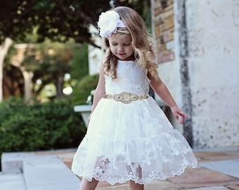 Rustic Flower Girl Dress & Headband-Off White for Baptism/Christening, Girls Wedding Dress (3M- 10 Yrs), Beach Wedding, Birthday Outfit